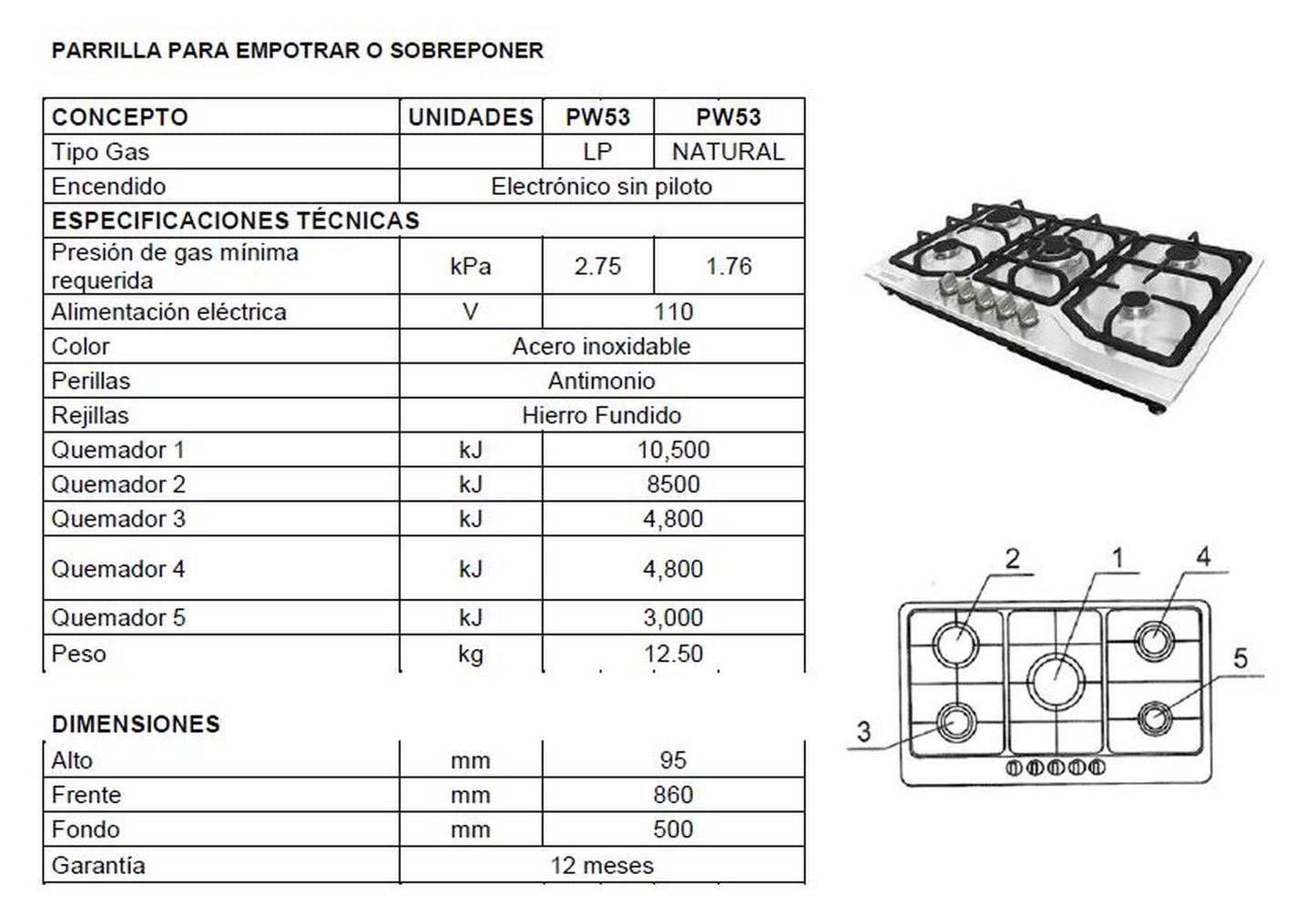 Parrilla Empotrable con 5 Quemadores Gas LP Krüger
