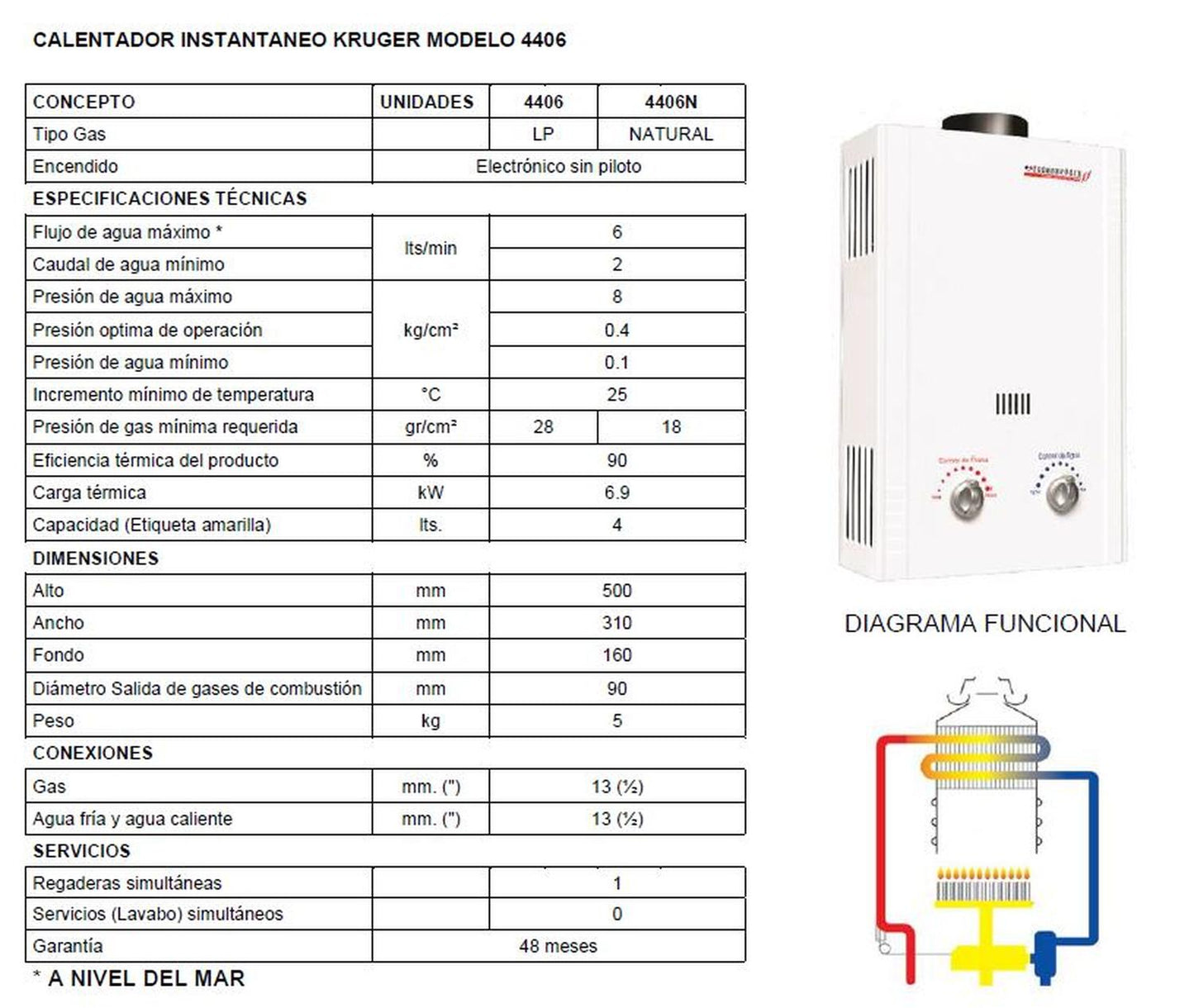 Calentador Boiler Instantáneo 6 Lts Gas Natural Krüger