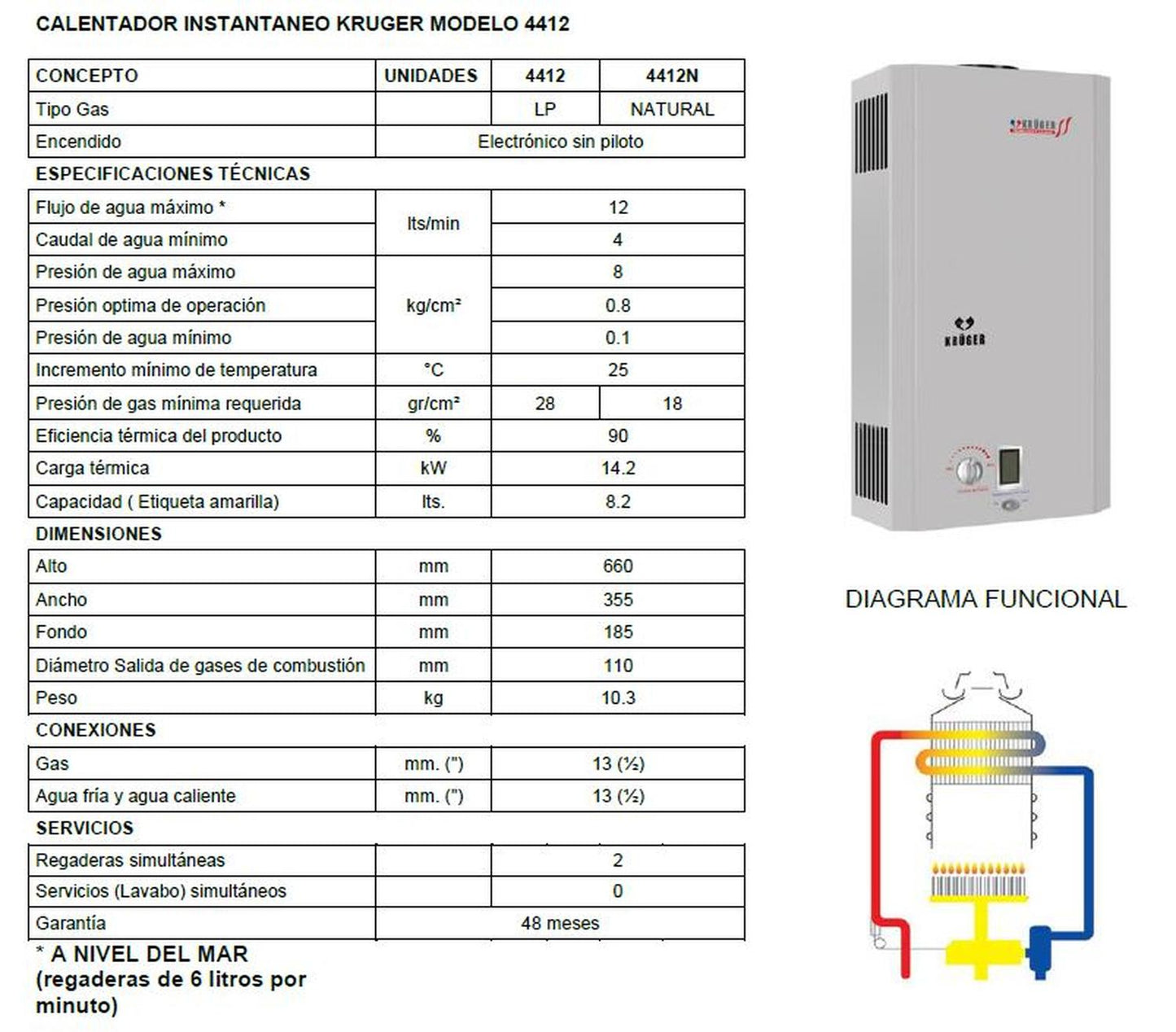 Calentador Boiler Instantáneo 12 Lts Gas Natural Krüger