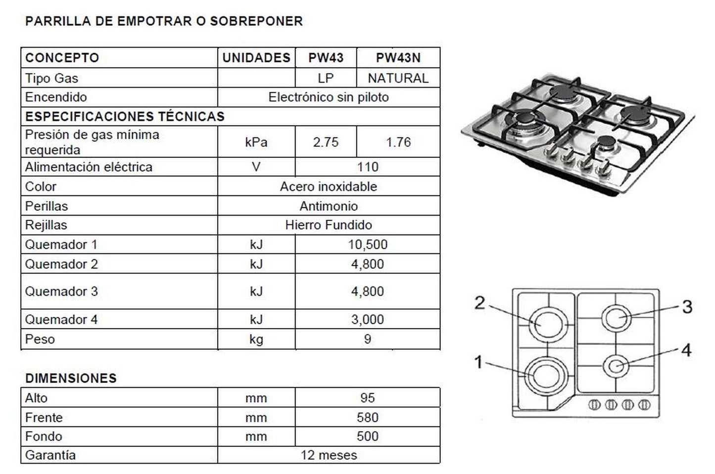 Parrilla Empotrable con 4 Quemadores Gas LP Krüger