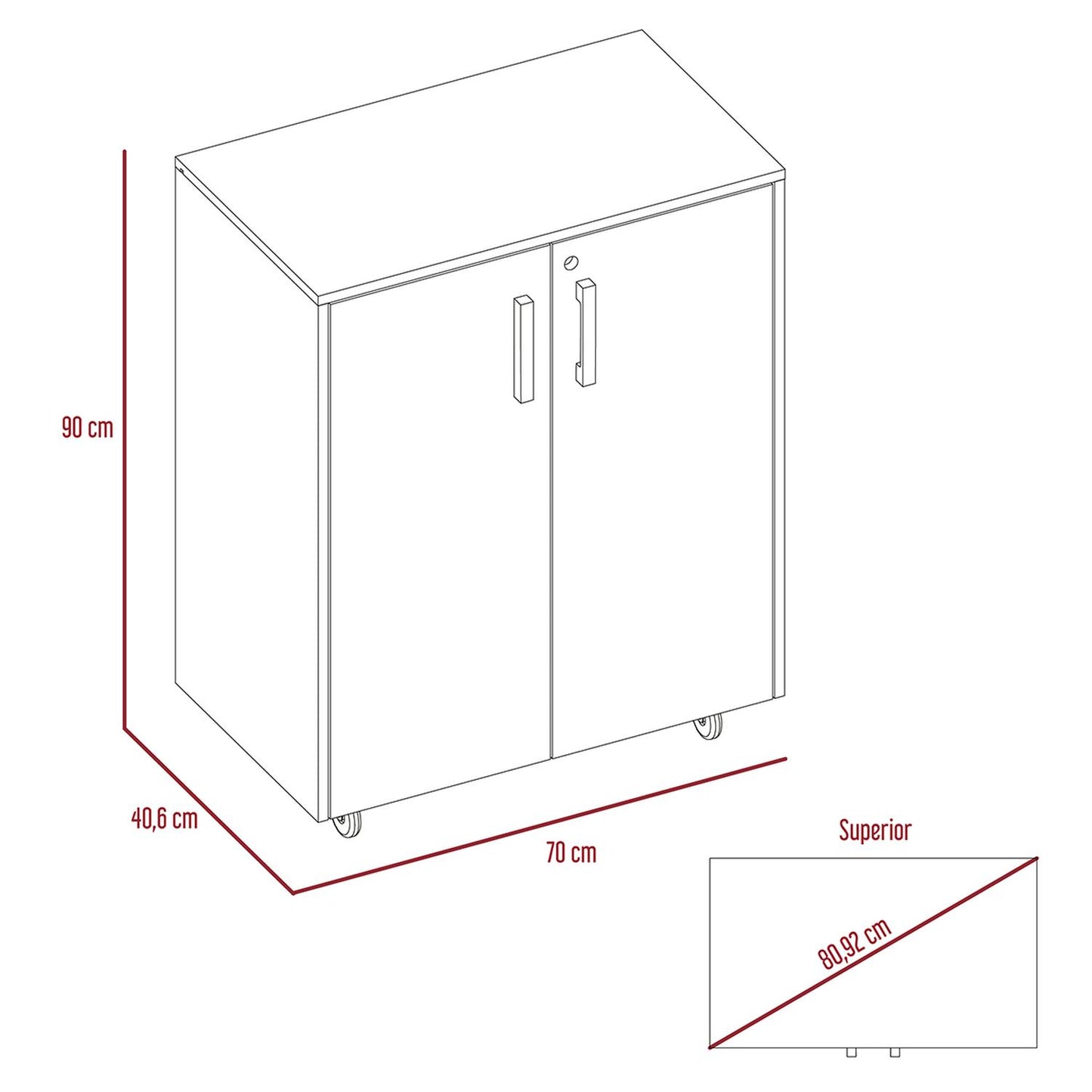 Gabinete con Ruedas Color Gris Dos Puertas 90 cm Alto